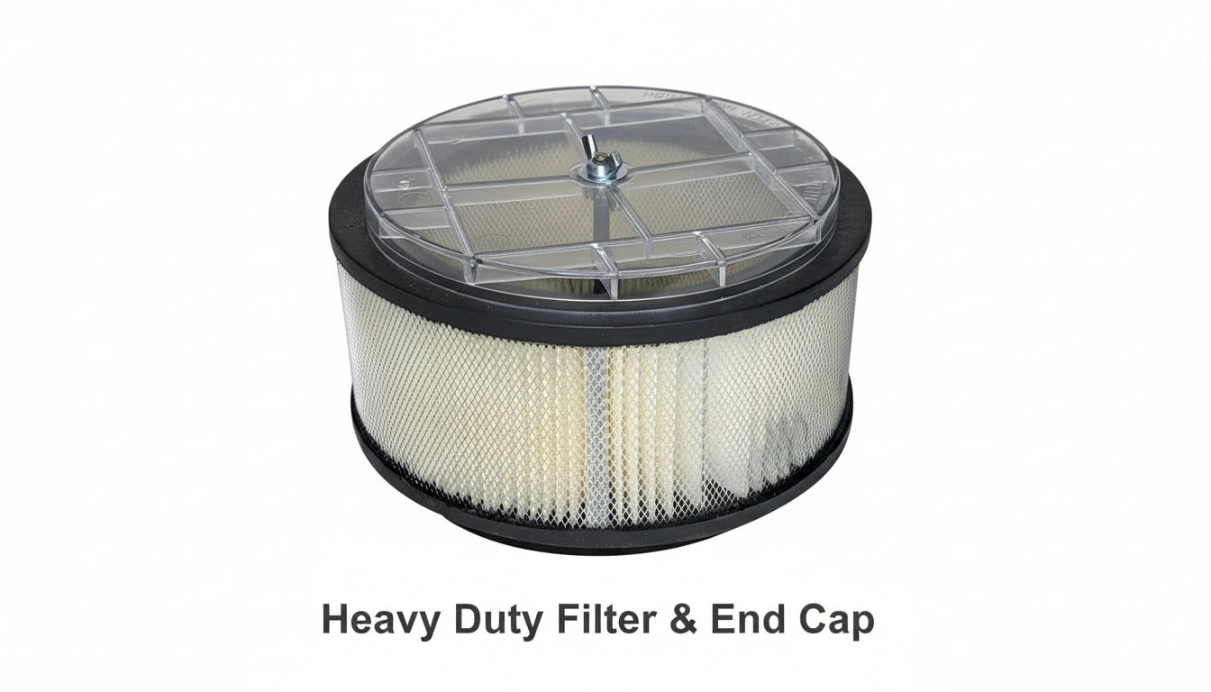 Round air filter with black outer casing on a white background