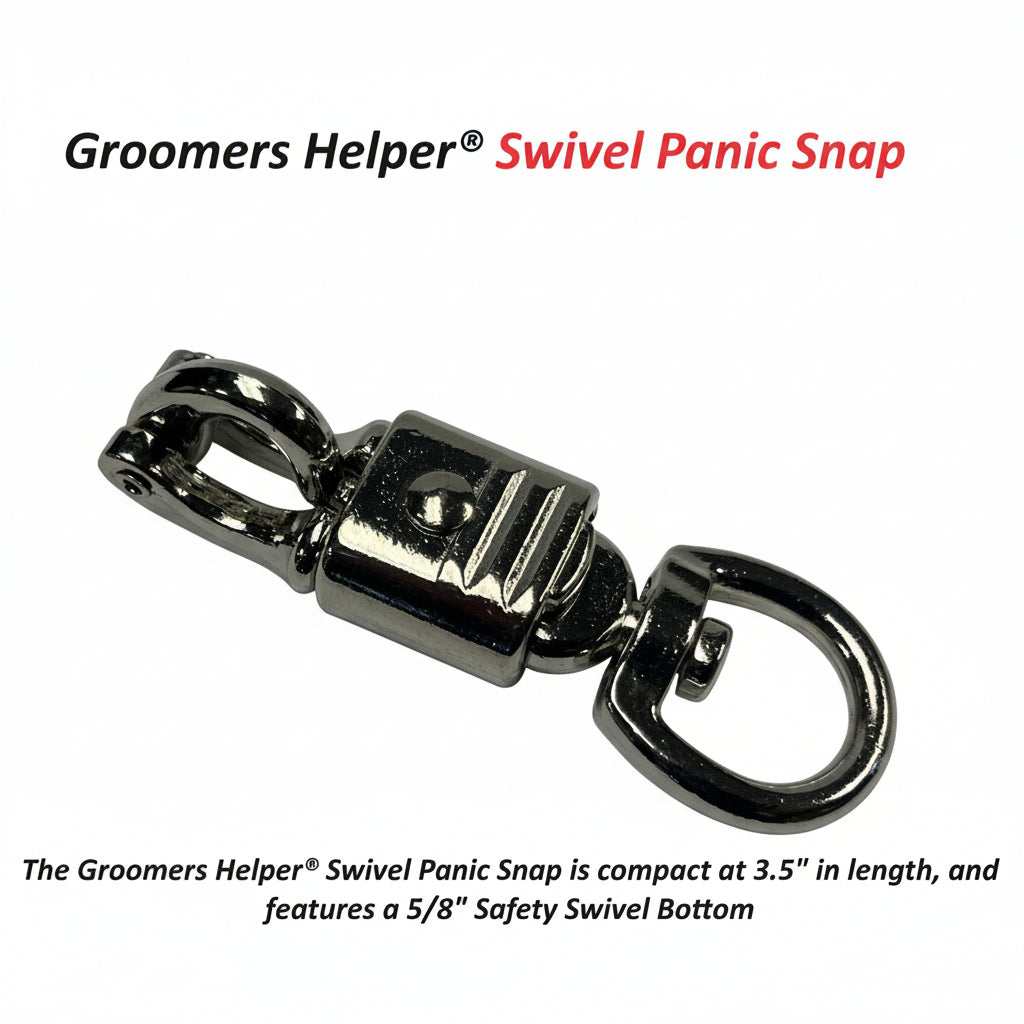 A Groomers Helper Safety Swivel Panic Snap, with a 3.5 inch length and a 5/8 inch safety swivel bottom.