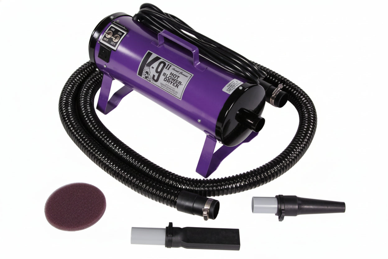 Purple k-9 dryer with attachments on a white background