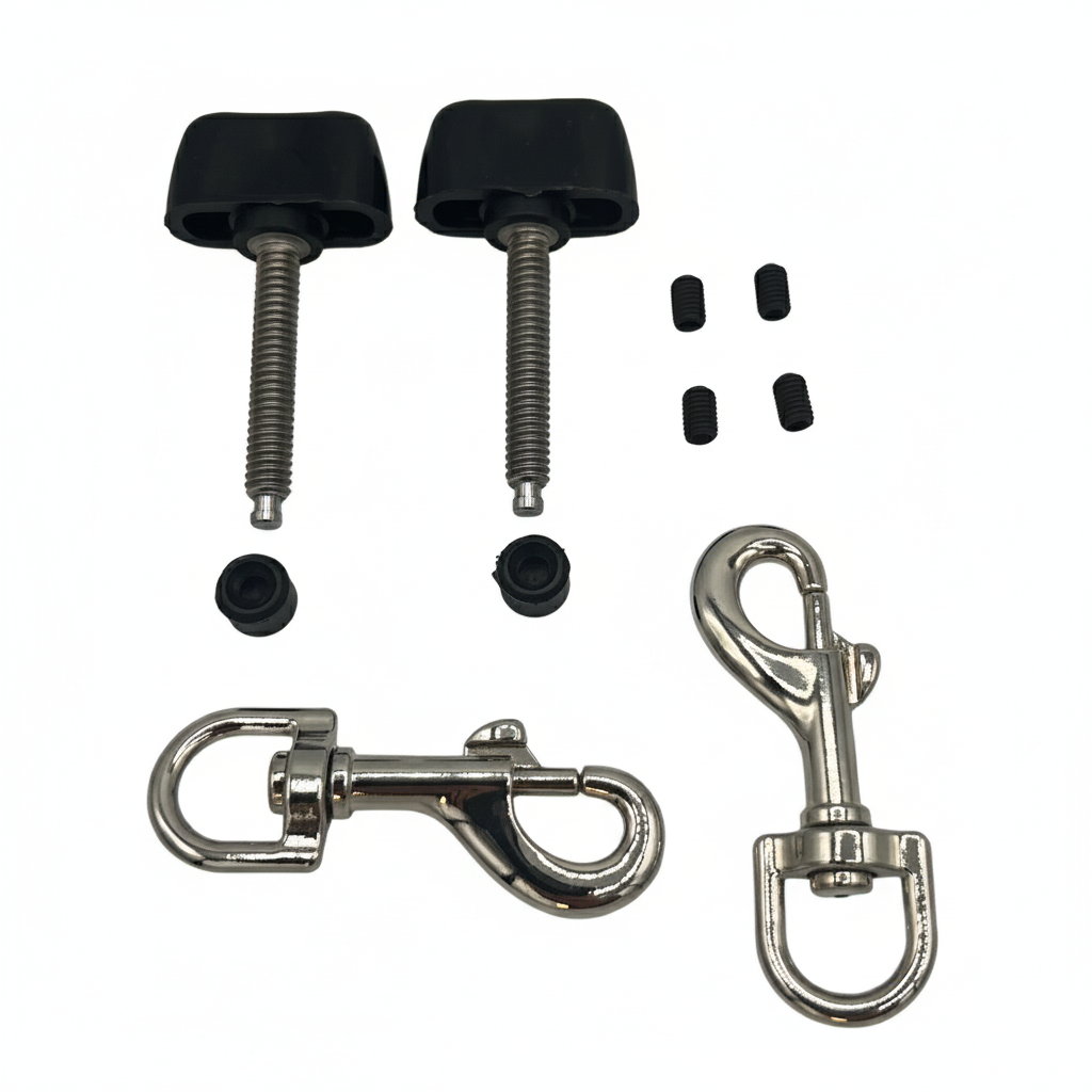 An image showing a safety clamp refresher kit, including two metal safety swivel snaps, two replacement knobs with rubber tips, and rust-resistant screws on a white background.