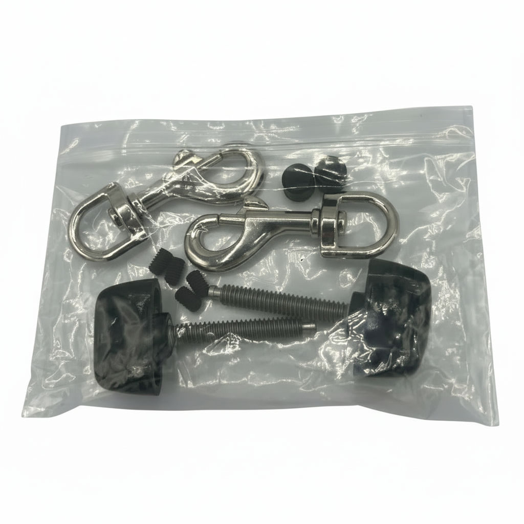 Packaged hardware kit with metal hooks, screws, and plastic parts on a white background