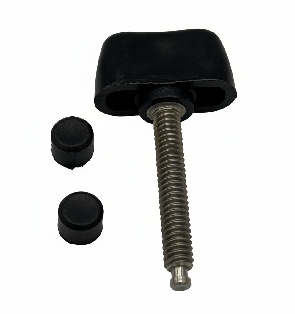 Metal screw with black rubber bushings on a gray background