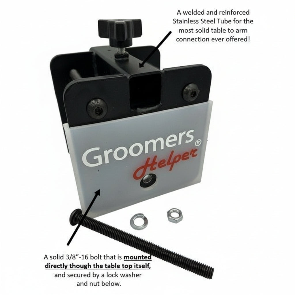 A black and silver heavy-duty locking steel grooming table clamp with the 'Groomers Helper' brand logo on it.