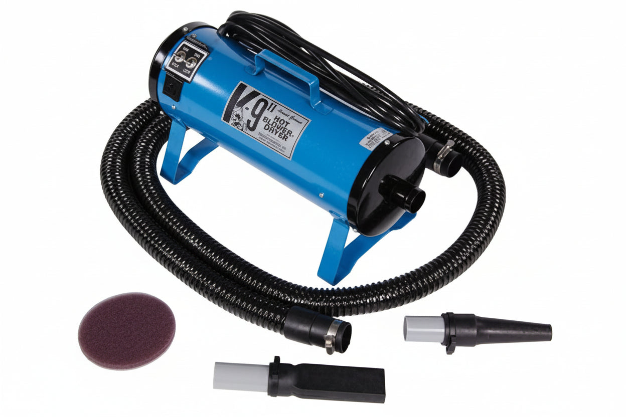 Blue K-9 II dryer with attachments on a white background